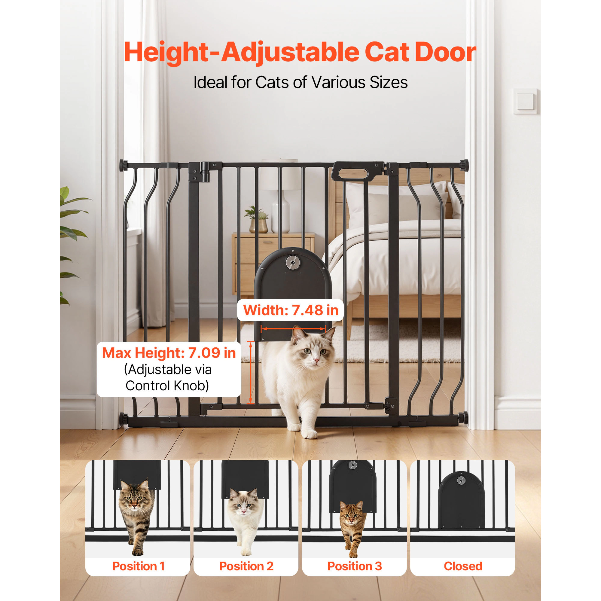 HONGGE Baby Gate for Stairs 29.5-43 in Adjustable Width Baby Gate with Adjustable Cat Door with Pressure Mount Kit and