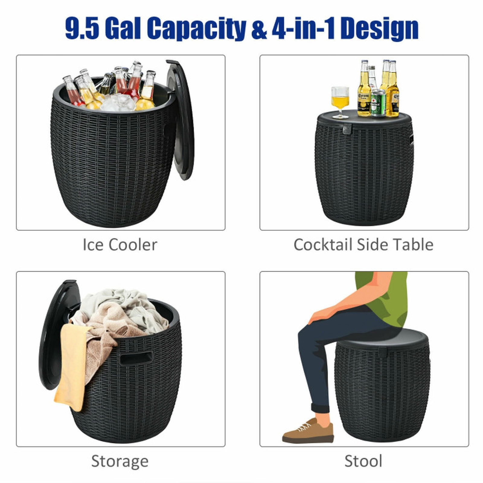 SUGIFT Black 9.5-gal 4-in-1 Rattan Style Ice Cooler Bucket Side Table and Stool with Drainage Plug