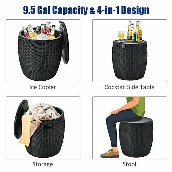 SUGIFT Black 9.5-gal 4-in-1 Rattan Style Ice Cooler Bucket Side Table and Stool with Drainage Plug