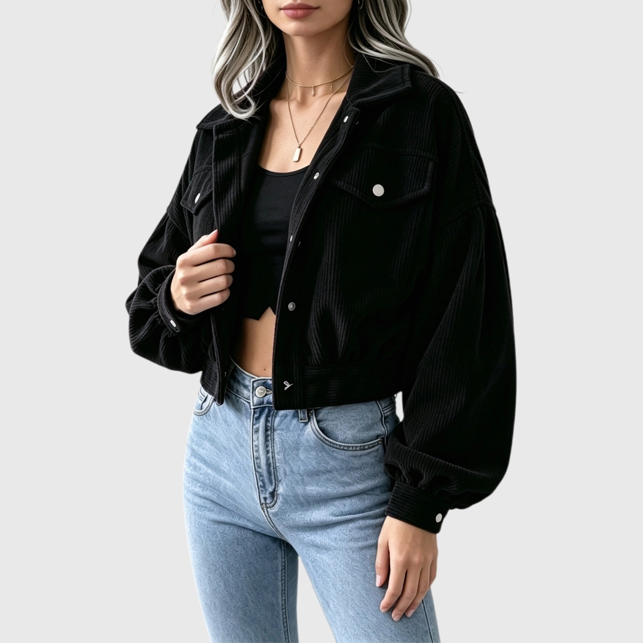 YesFashion Women's Cropped Corduroy Jacket Casual Collared Button Down Long Sleeve Work Coat Blazer