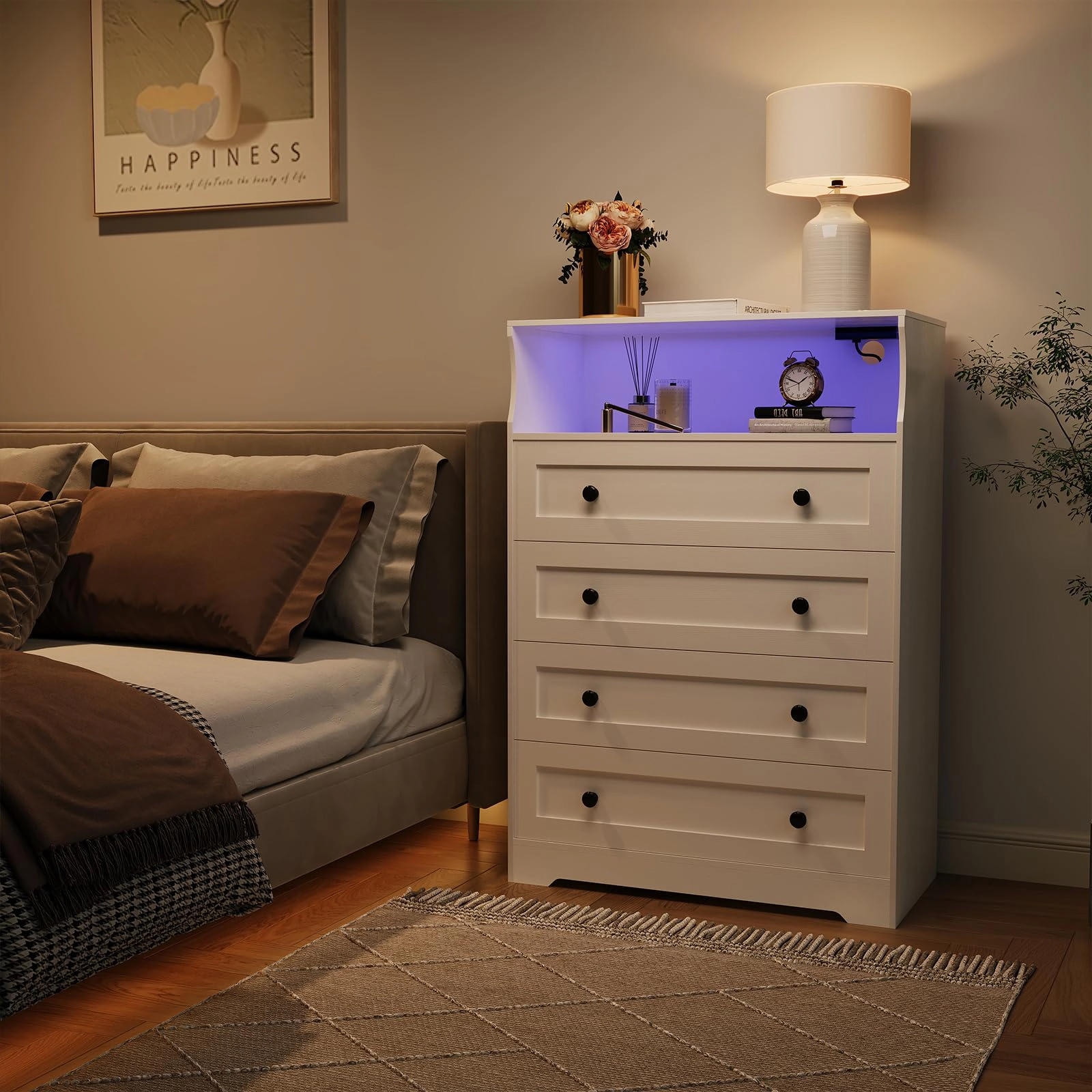 45.2" Tall 4 Drawer Dresser with LED Shelf & Charging Station, Wood Storage Chest