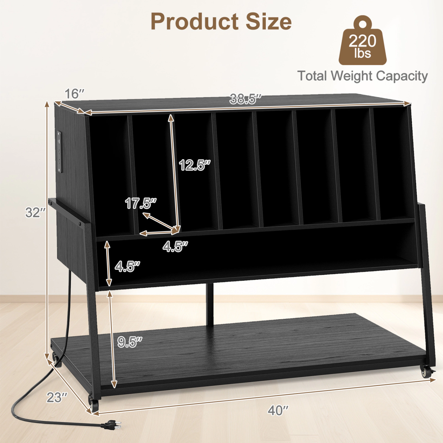 LJG Turntable Stand with Charging Station and Vinyl Storage