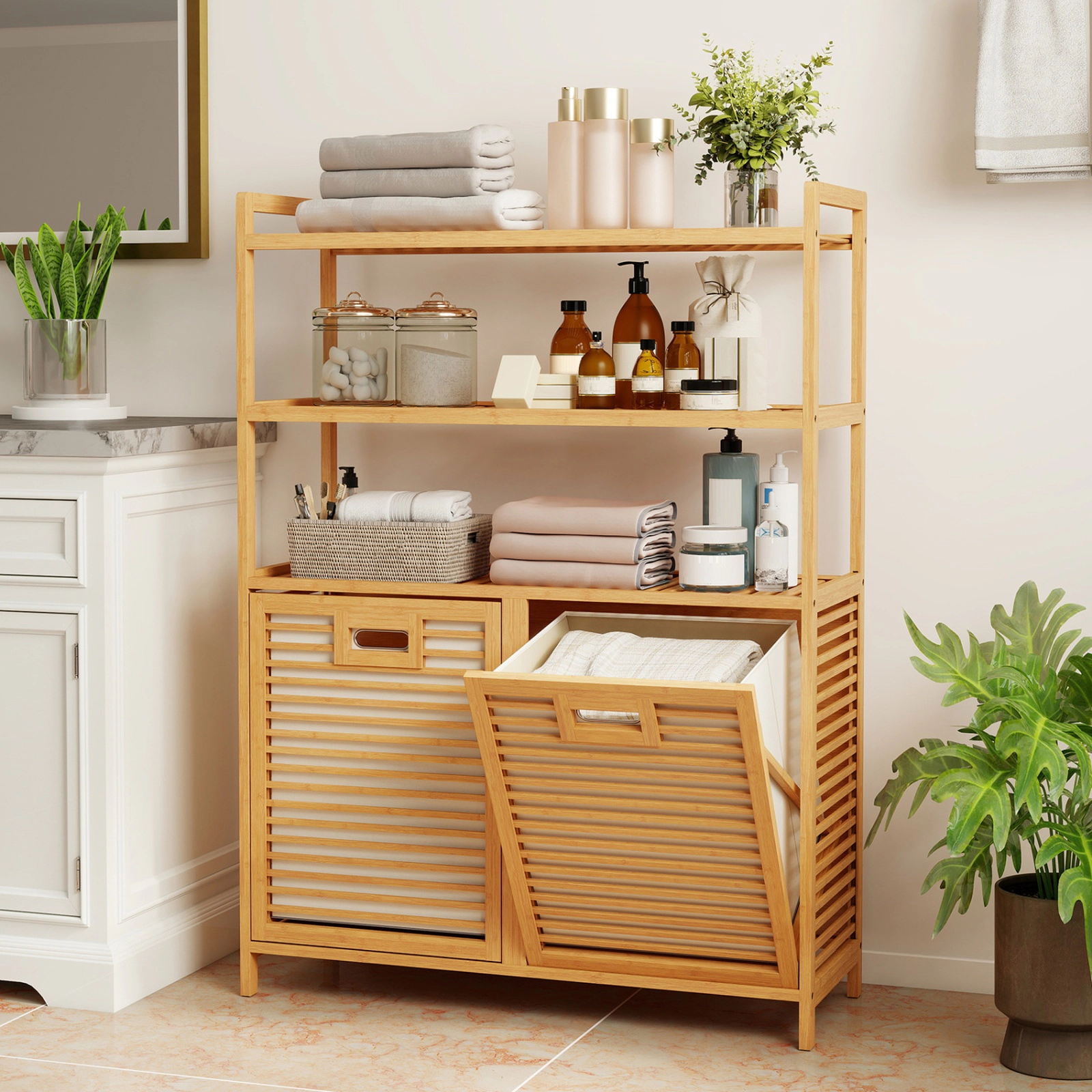 SUGIFT Natural Bamboo Double Tilt-Out Laundry Hamper with 3 Shelves and 2 Removable 7-gal Baskets