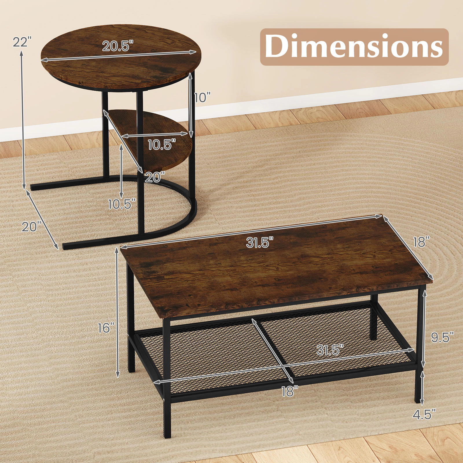 Glintex 2-Piece Coffee Table and End Set with Mesh Curved Shelves