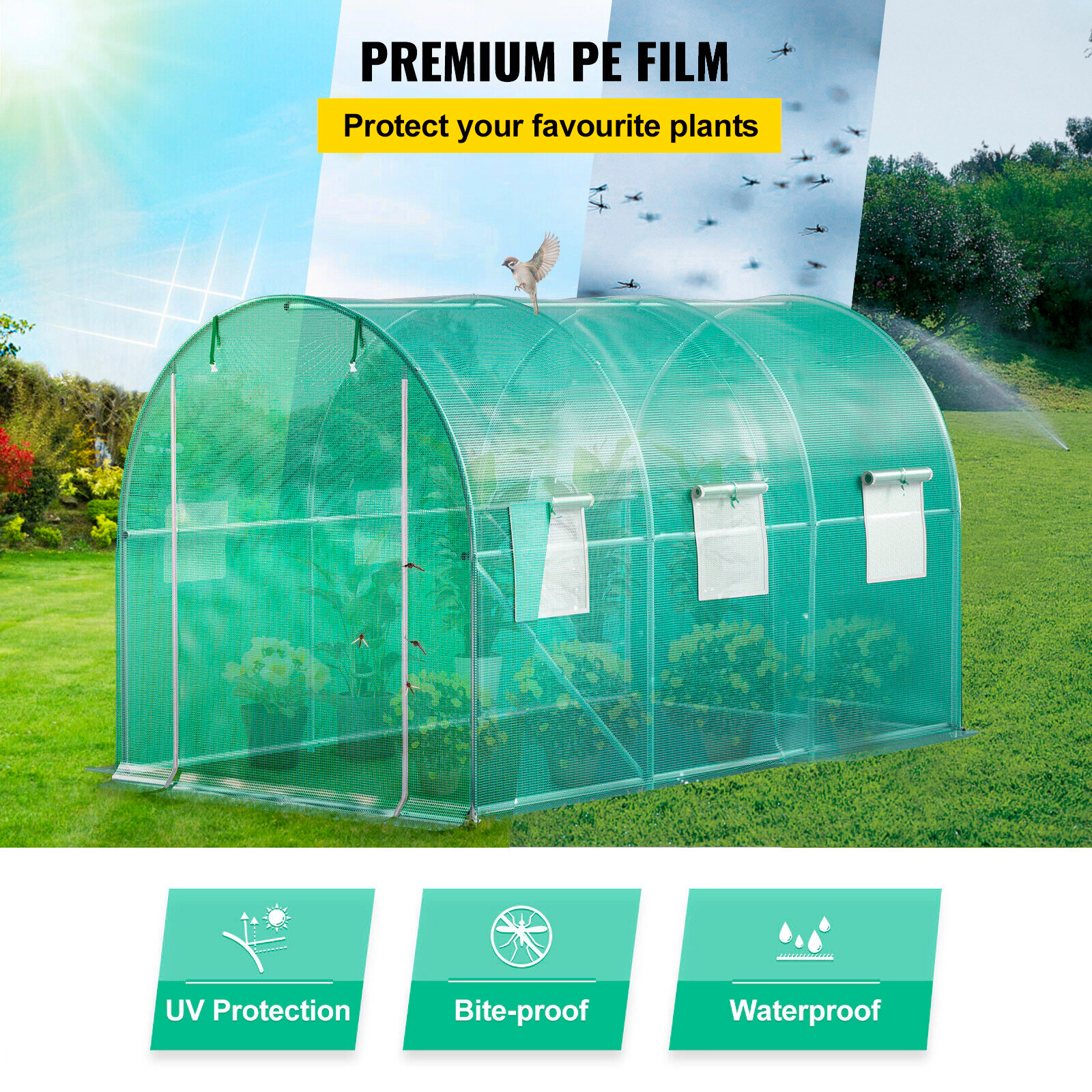 HONGGE Walk-in Tunnel Greenhouse Portable Plant Hot House with Galvanized Steel Hoops 1 Top Beam Diagonal Poles