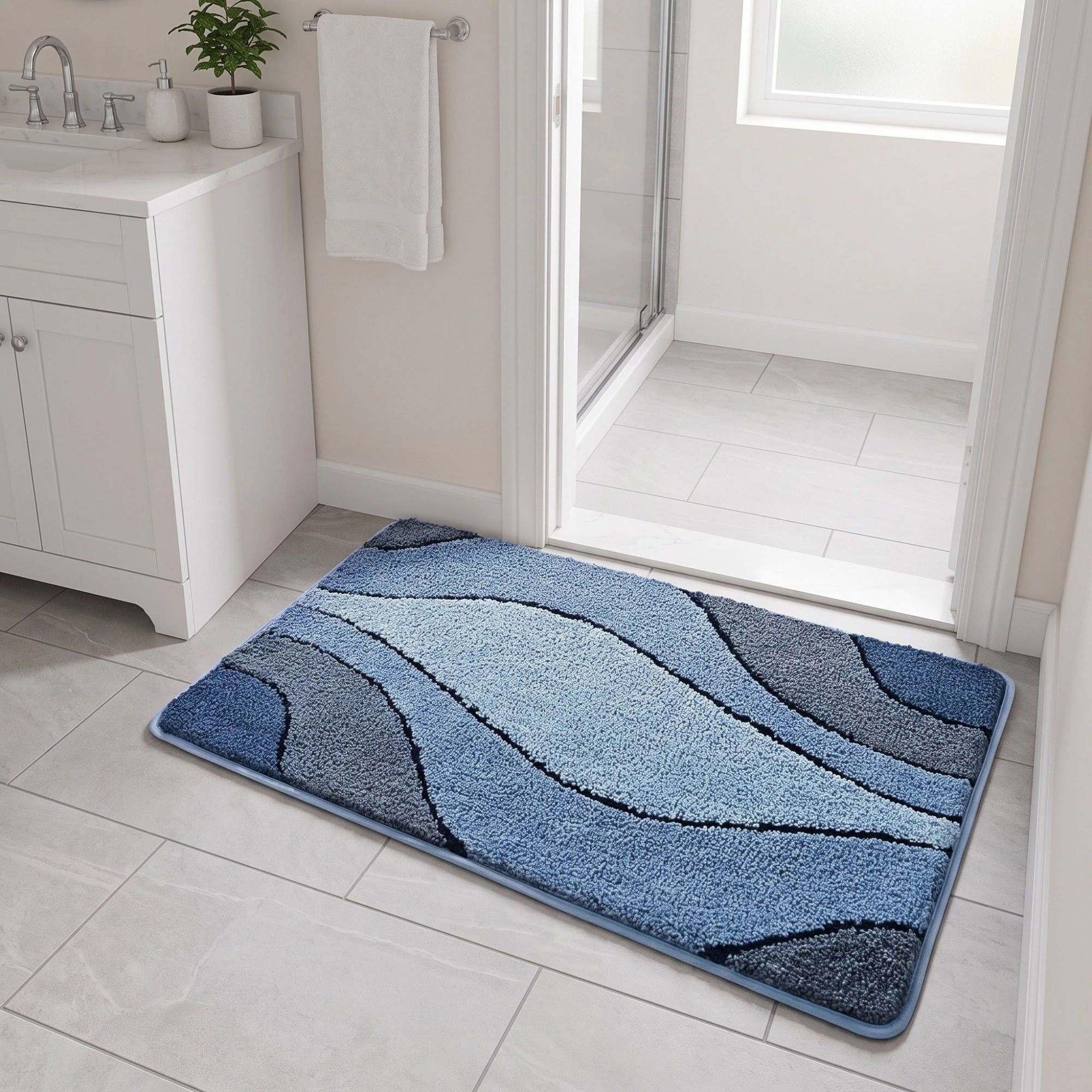 Alilang Unisex Abstract Blue Wave Plush Bathroom Mat with Layered Curved Line Design