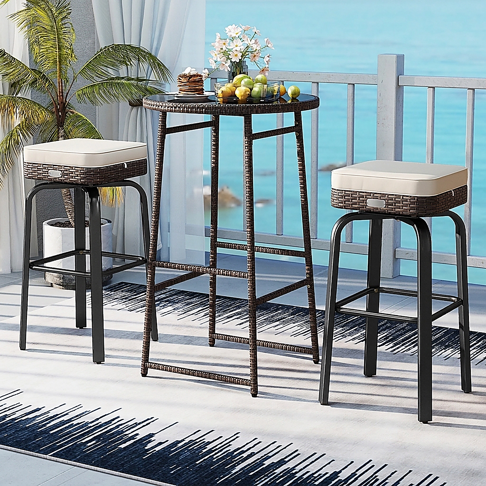 SUGIFT Outdoor Swivel Bar Set with Table and 400-lb Chairs Mix Brown Rattan with Off White Cushions