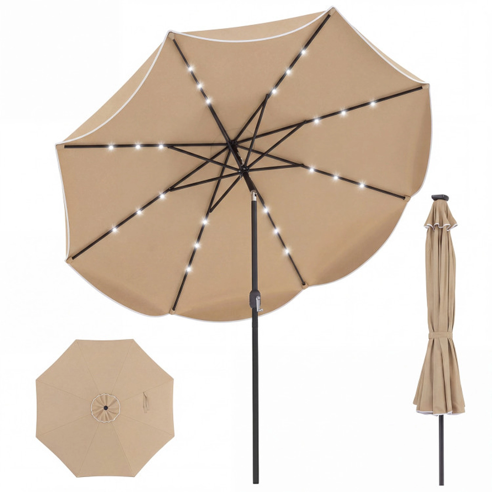 SUGIFT 10-ft Tan Solar LED Patio Umbrella, 24 Lights, Crank Lift, Push-Button Tilt