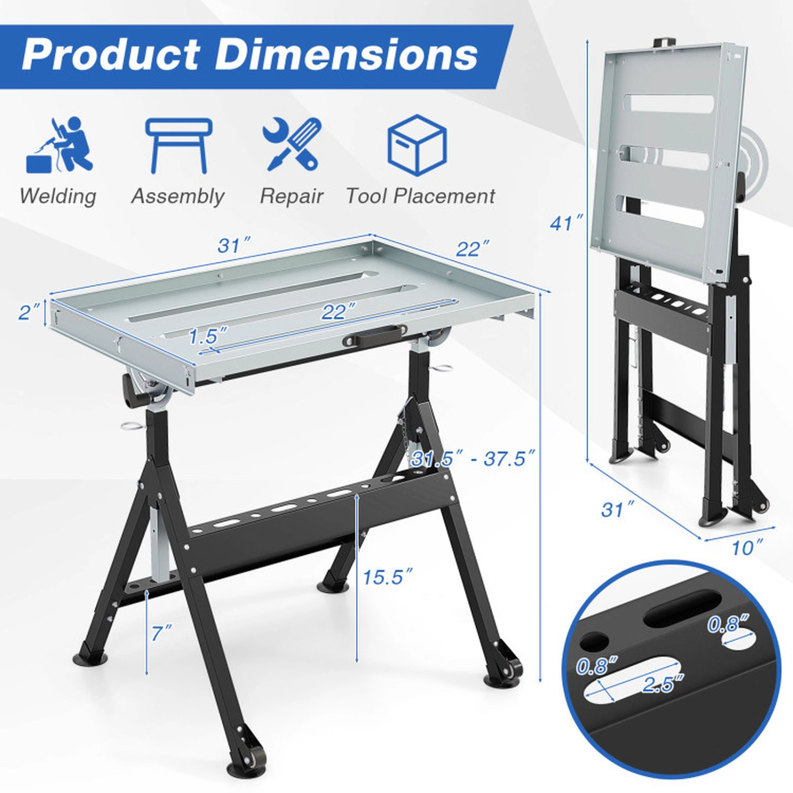 SUGIFT Metal Storage Shelving Workbench Table with Tilting 31 x 20 in Tabletop 4-Level Height Adjustable Black Silver
