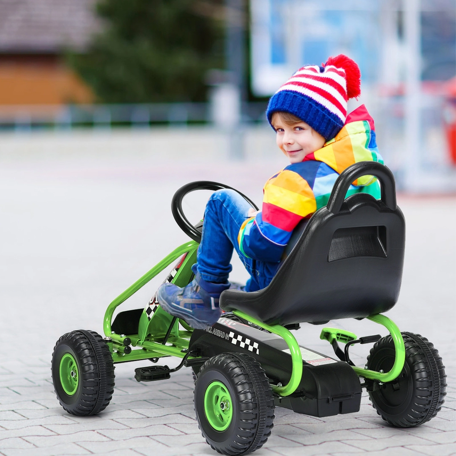 SUGIFT 4-Wheel Pedal Powered Ride-On Go Kart with Adjustable 2-Position Seat 66-lb Capacity Ages 3-6 36-in Frame Green