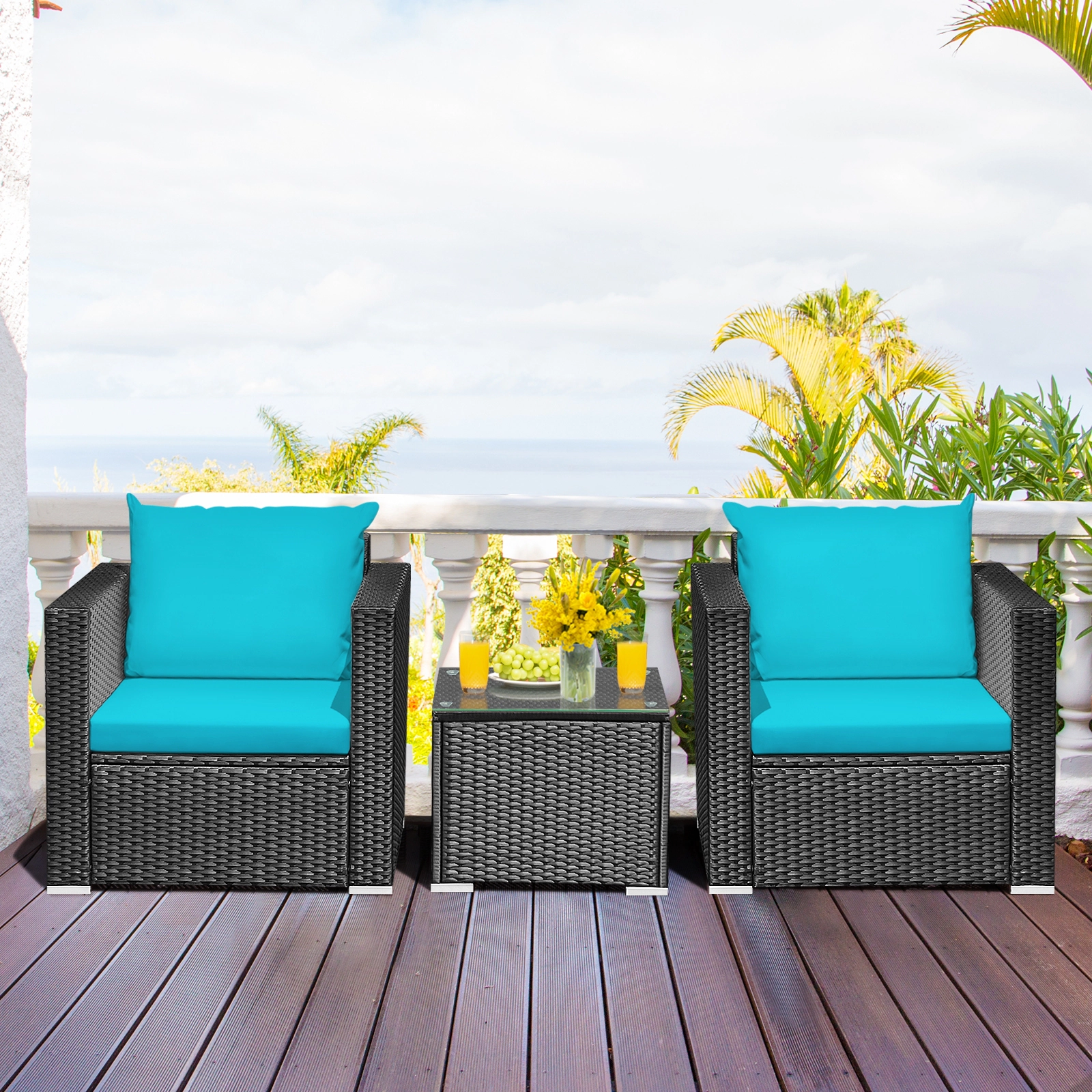 SUGIFT 3-Piece Patio Wicker Conversation Set with Cushions 400-Lb Chair Capacity Turquoise Black Rattan
