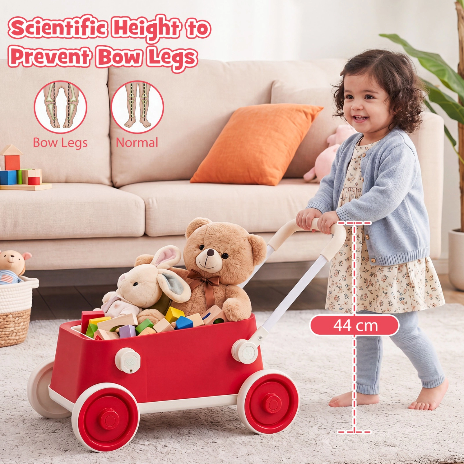 SUGIFT Red Wheels Foldable Handlebar and Storage Basket Baby Push Walker