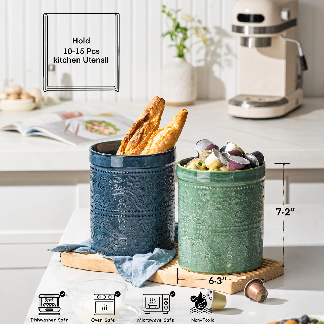 WZK 7 Inch Large Ceramic Lace Emboss Kitchen Utensil Holder