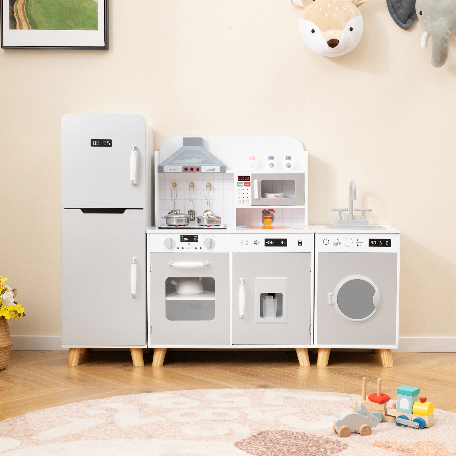 3-in-1 Kids Kitchen Playset Refrigerator Washing Machine 360-Degree Faucet Range Hood 47.5-in x 12-in x 35.5-in Gray
