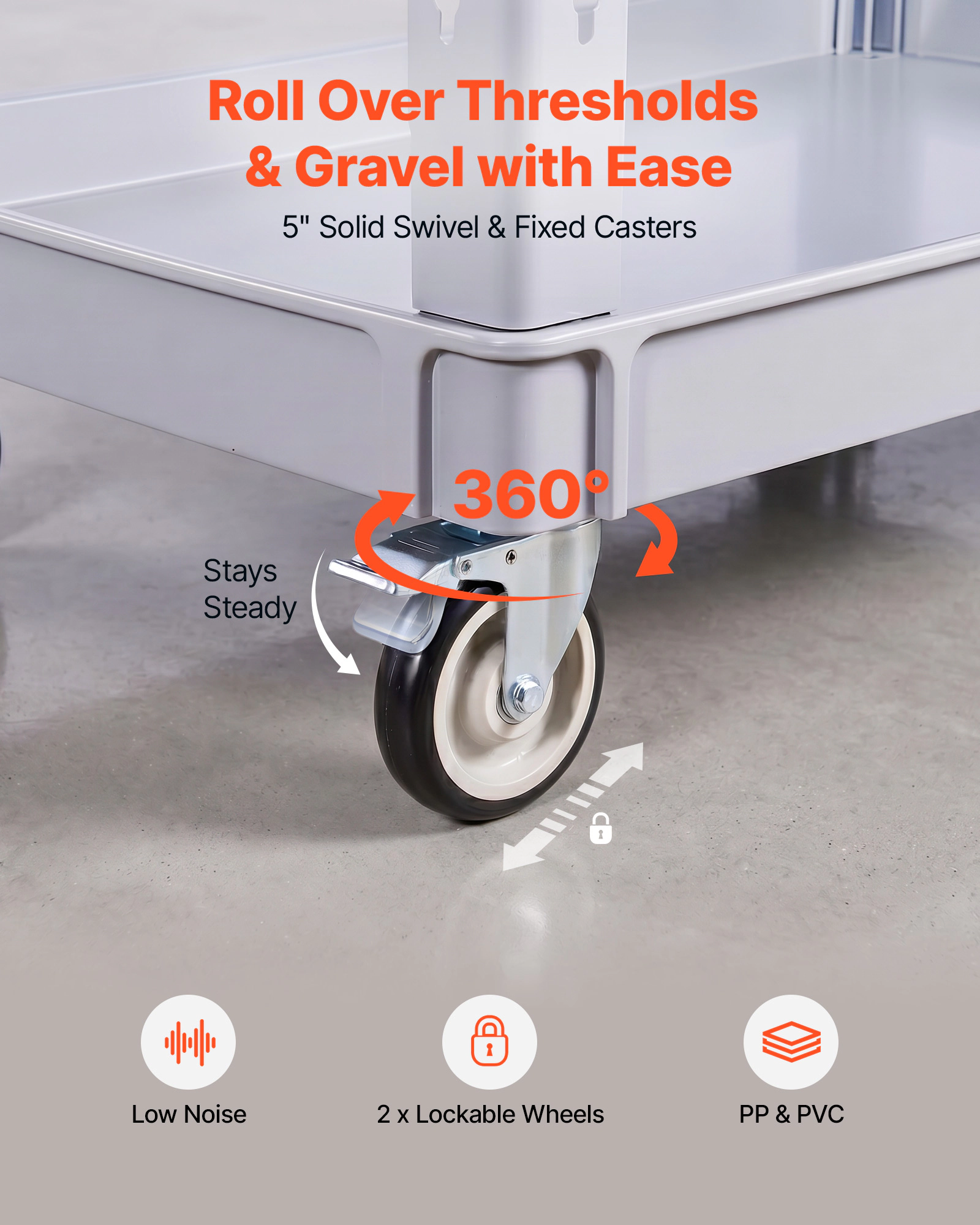 HONGGE Utility Cart 550 lbs Capacity 2 Tier Service Cart with 360° Swivel & Fixed Wheels 2 with Brakes Heavy Duty