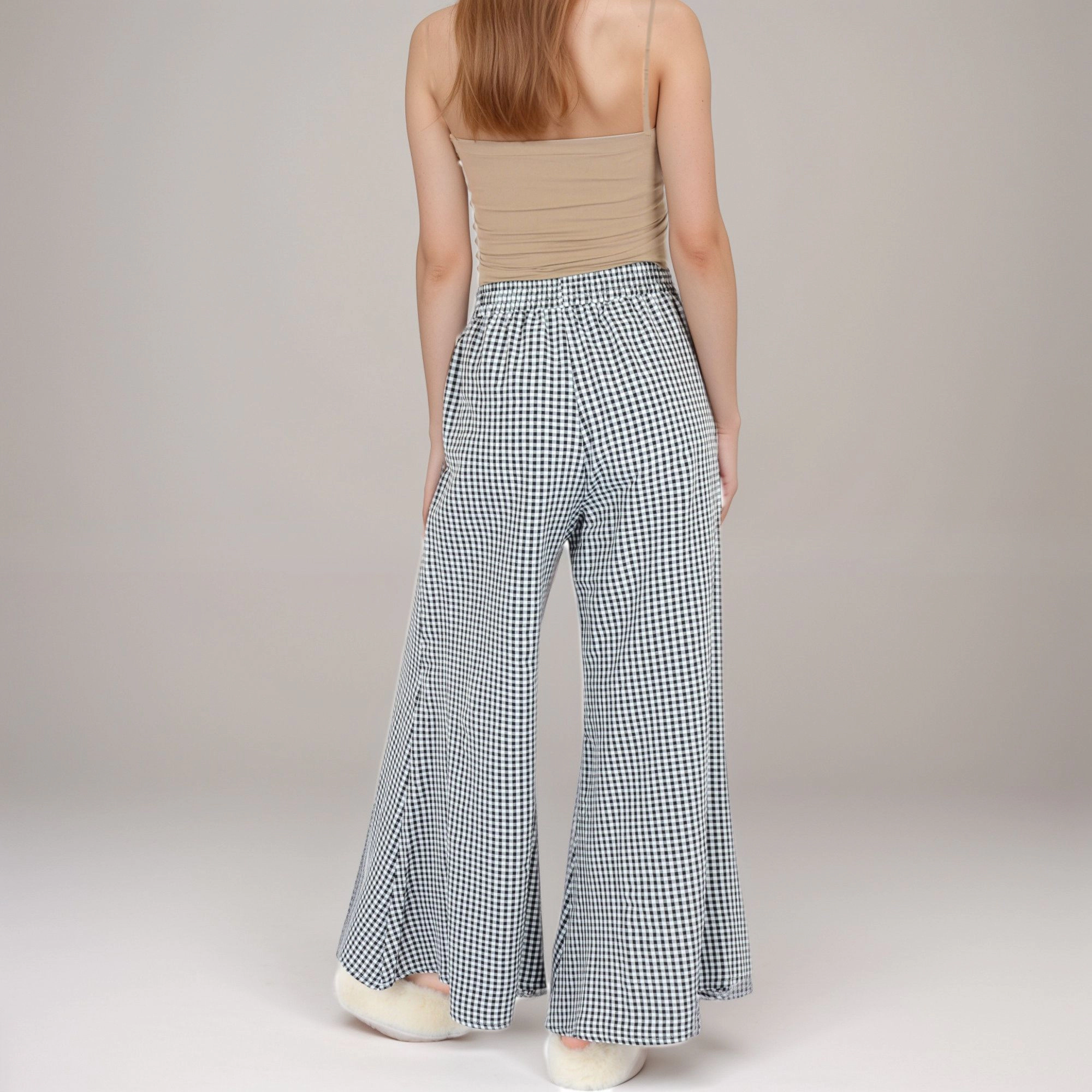 Anna-Kaci Women's Gingham Wide Leg Lounge Pants with Elastic Waistband Side Pockets and Draped Full-Length Fit