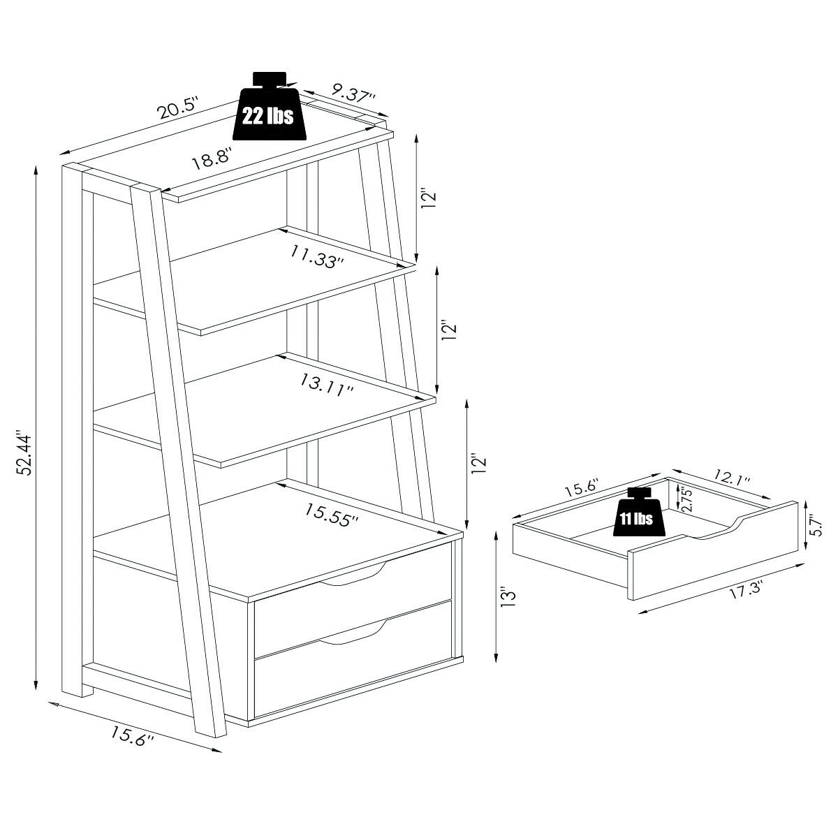 LJG 4-Tier Ladder Bookshelf Storage Display with Drawers