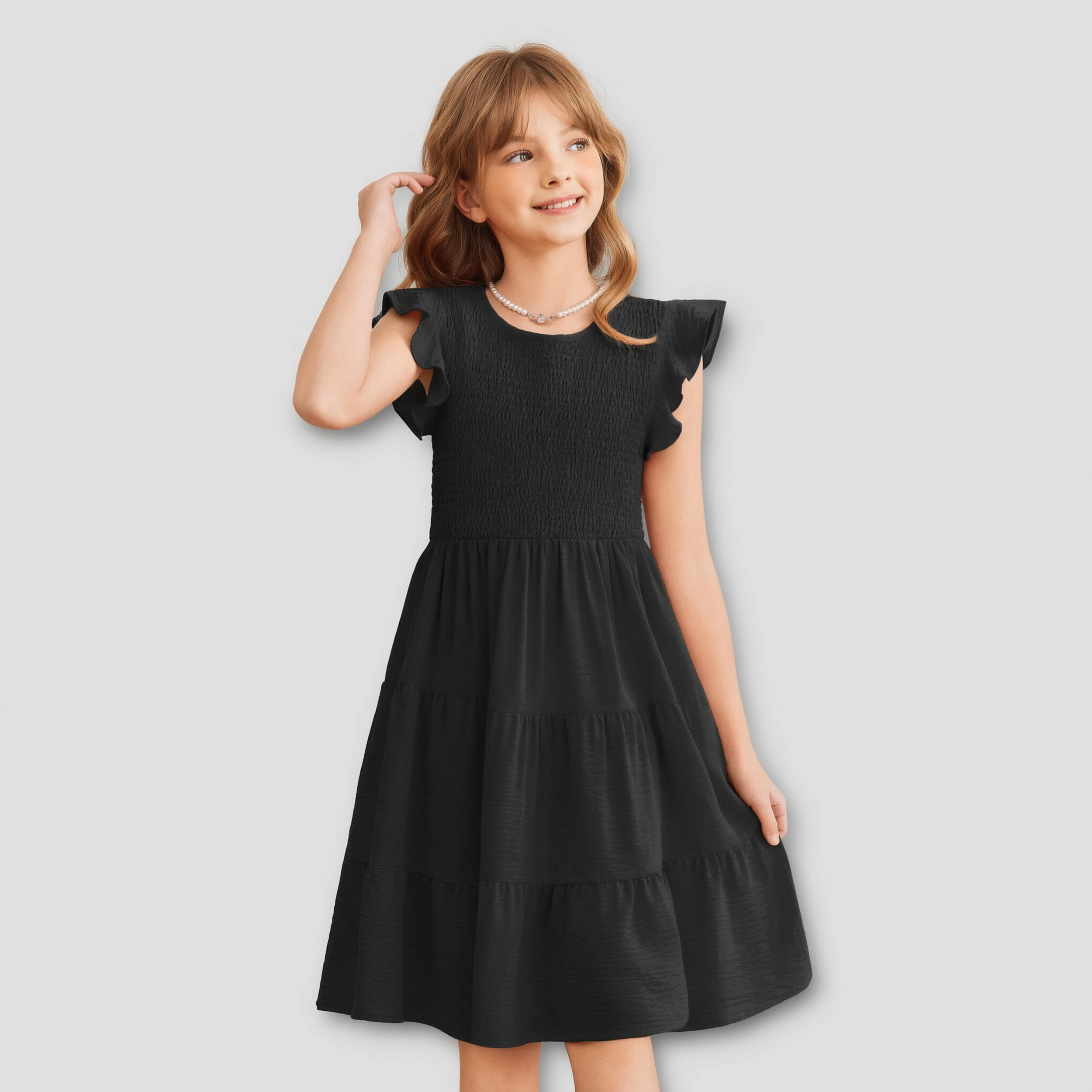 Arshiner Girls Summer Flutter Short Sleeve Sundress Smocked Elastic Waist Tiered Midi Dress
