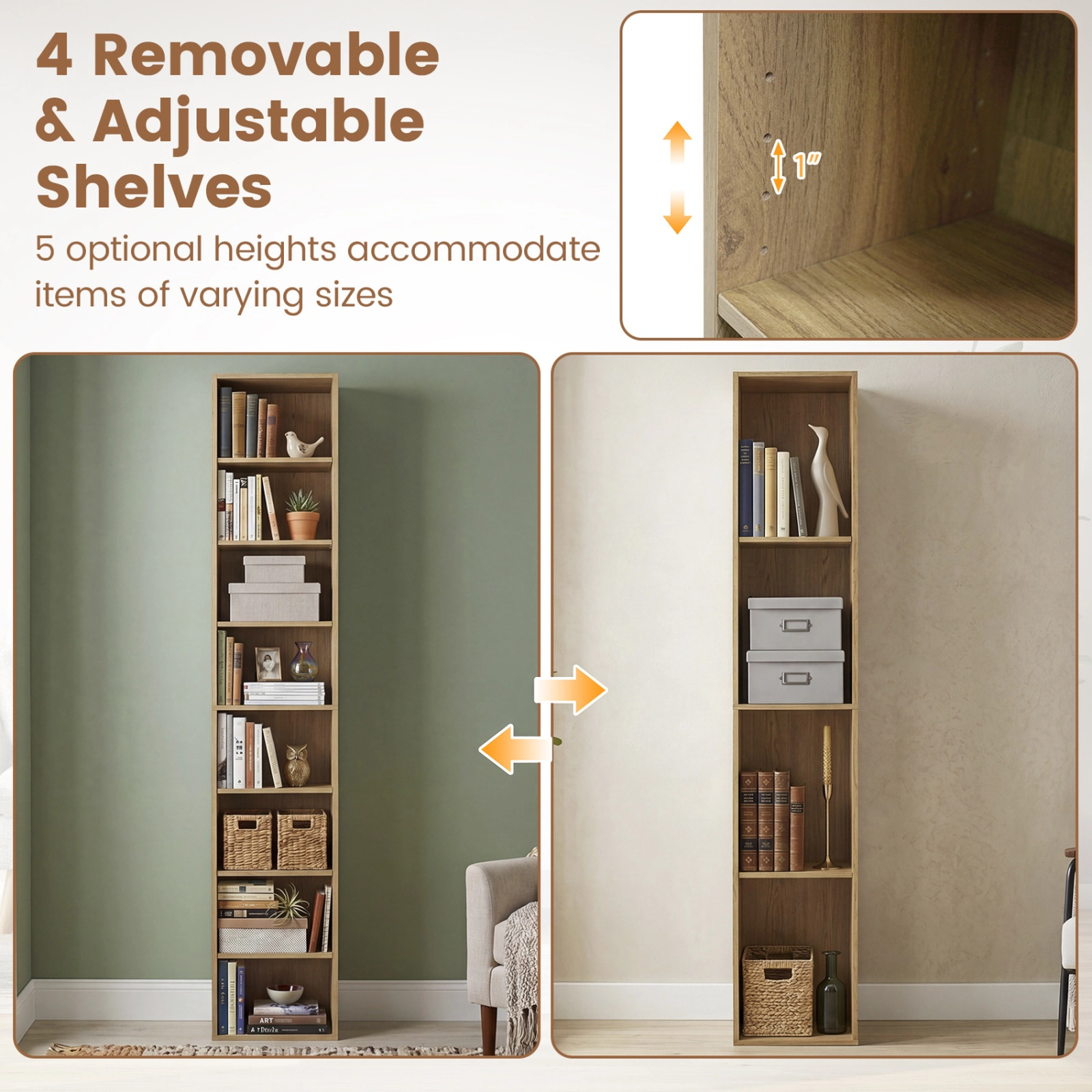 SUGIFT 8-Tier Natural 71-in Tall Narrow Bookshelf 12-in Wide with 4 Adjustable Shelves and Storage Cubes
