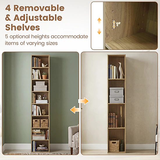 SUGIFT 8-Tier Natural 71-in Tall Narrow Bookshelf 12-in Wide with 4 Adjustable Shelves and Storage Cubes