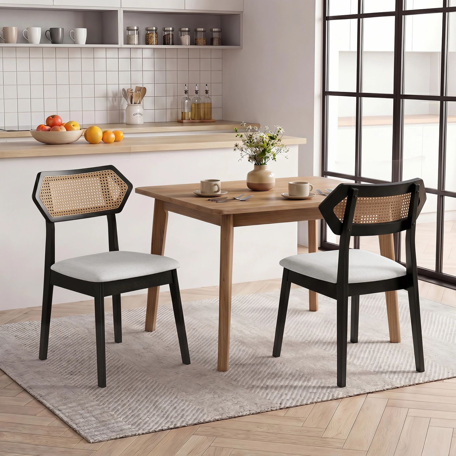 LJG Mid Century Rattan Dining Chairs Set of 2 with Back and Solid Wood Frame