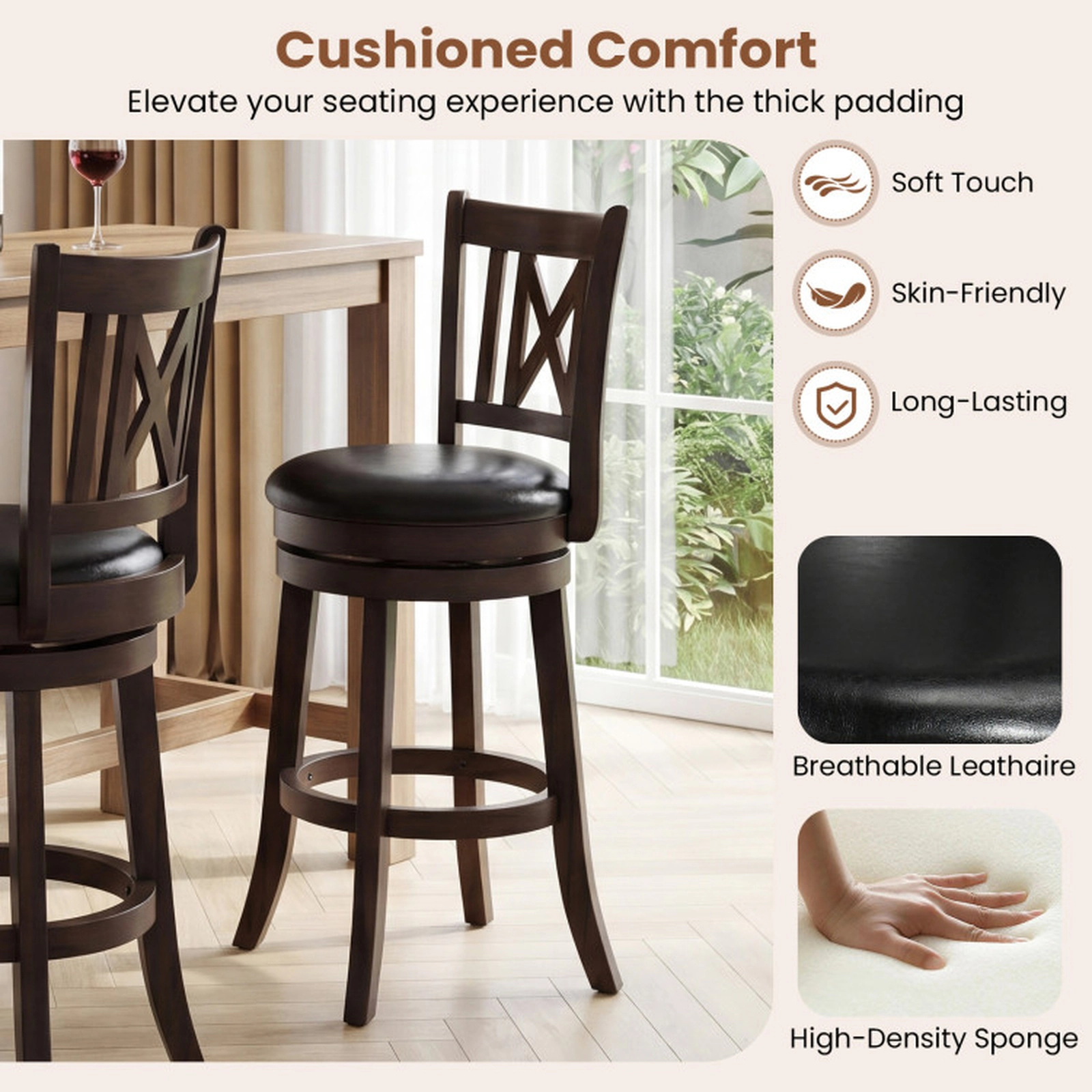 SUGIFT Set of 4 Swivel Bar Stools with Hollowed Backrest and Footrest 26-in Seat Height 275-lb Capacity Dark Chocolate
