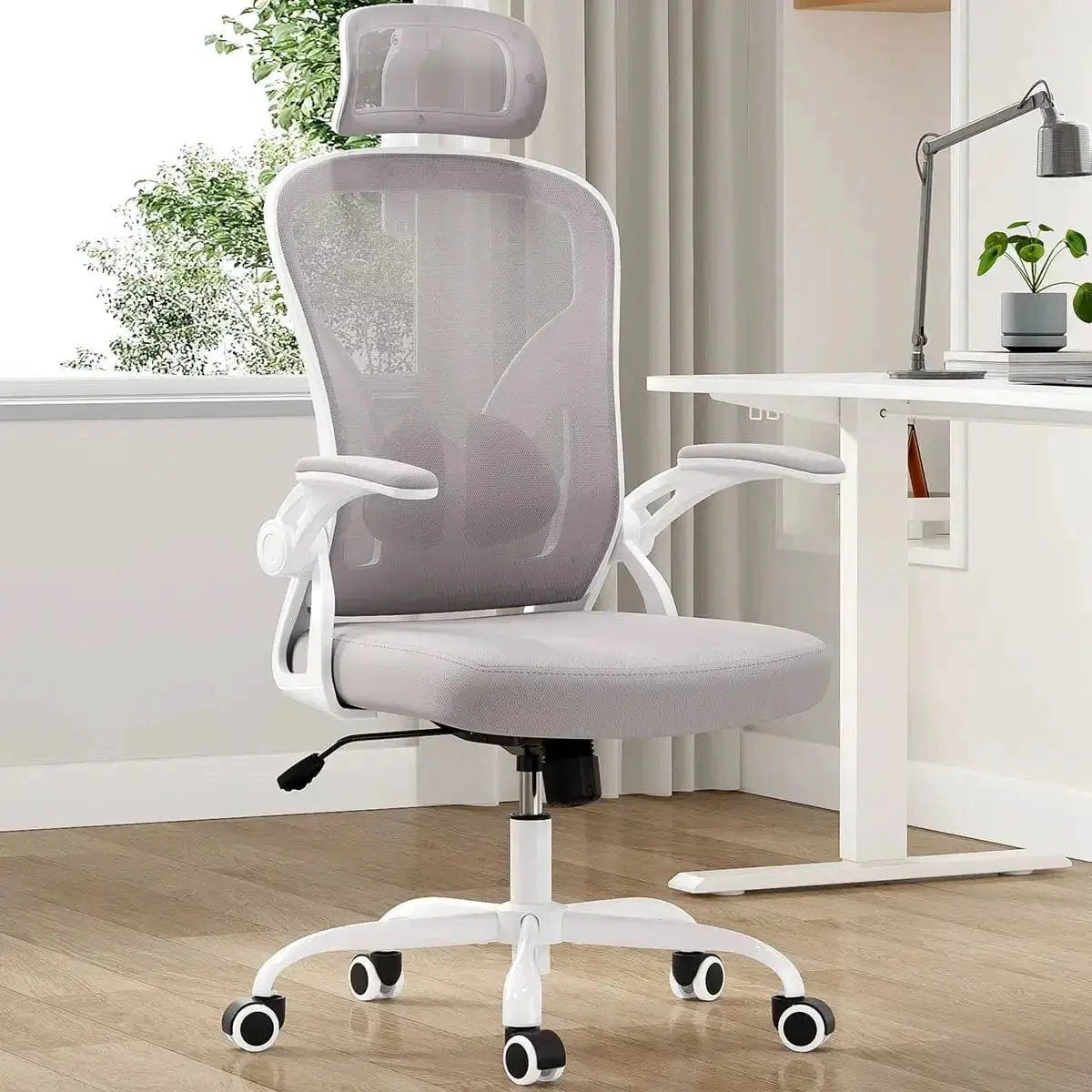 Platinum-Level Office Chairs White Gray Ergonomic Office Chair High Back Lumbar Support Headrest