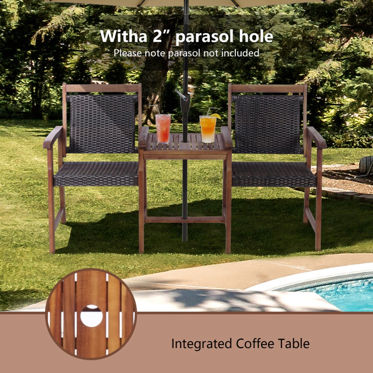 Hivvago 2-Seat Patio Rattan Acacia Wood Chair With Coffee Table