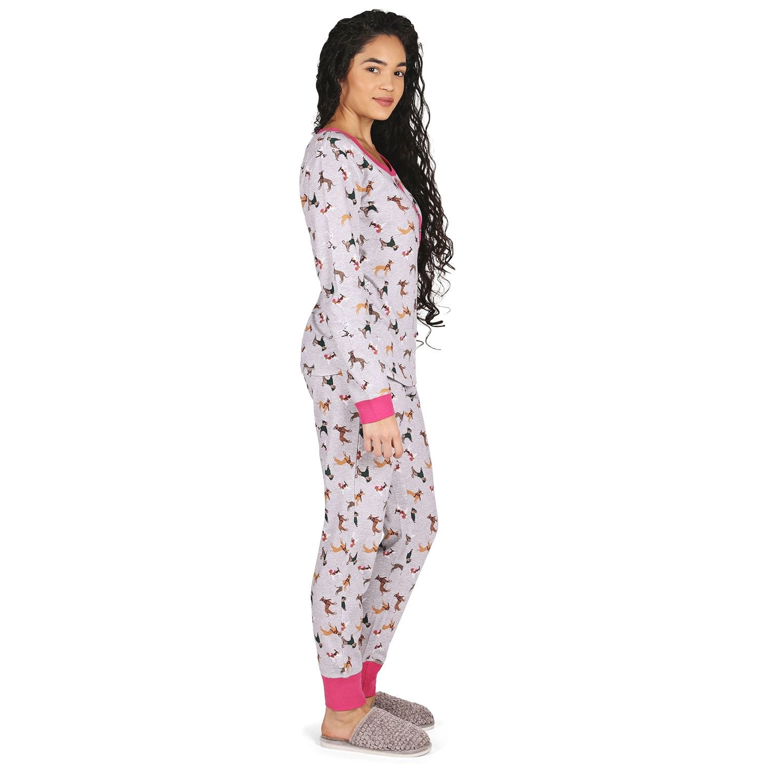 MeMoi Women's Henley Cotton-Rich Pajama Set with Dog Print