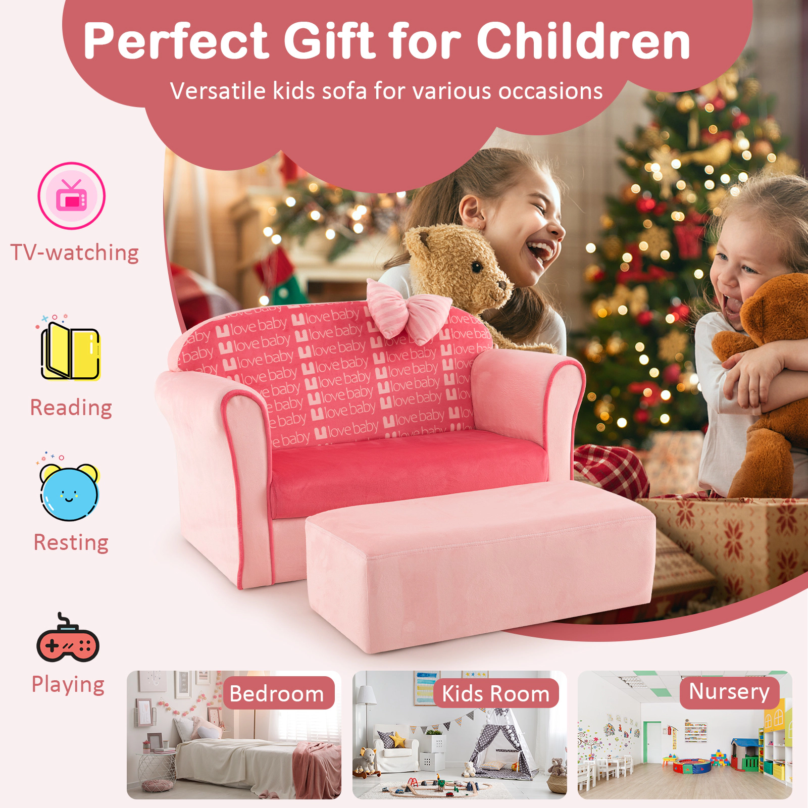 SUGIFT Ultra Soft Velvet Kids Sofa Chair with Ottoman 220-lb Couch 110-lb Ottoman Capacity Ages 0-5 Pink