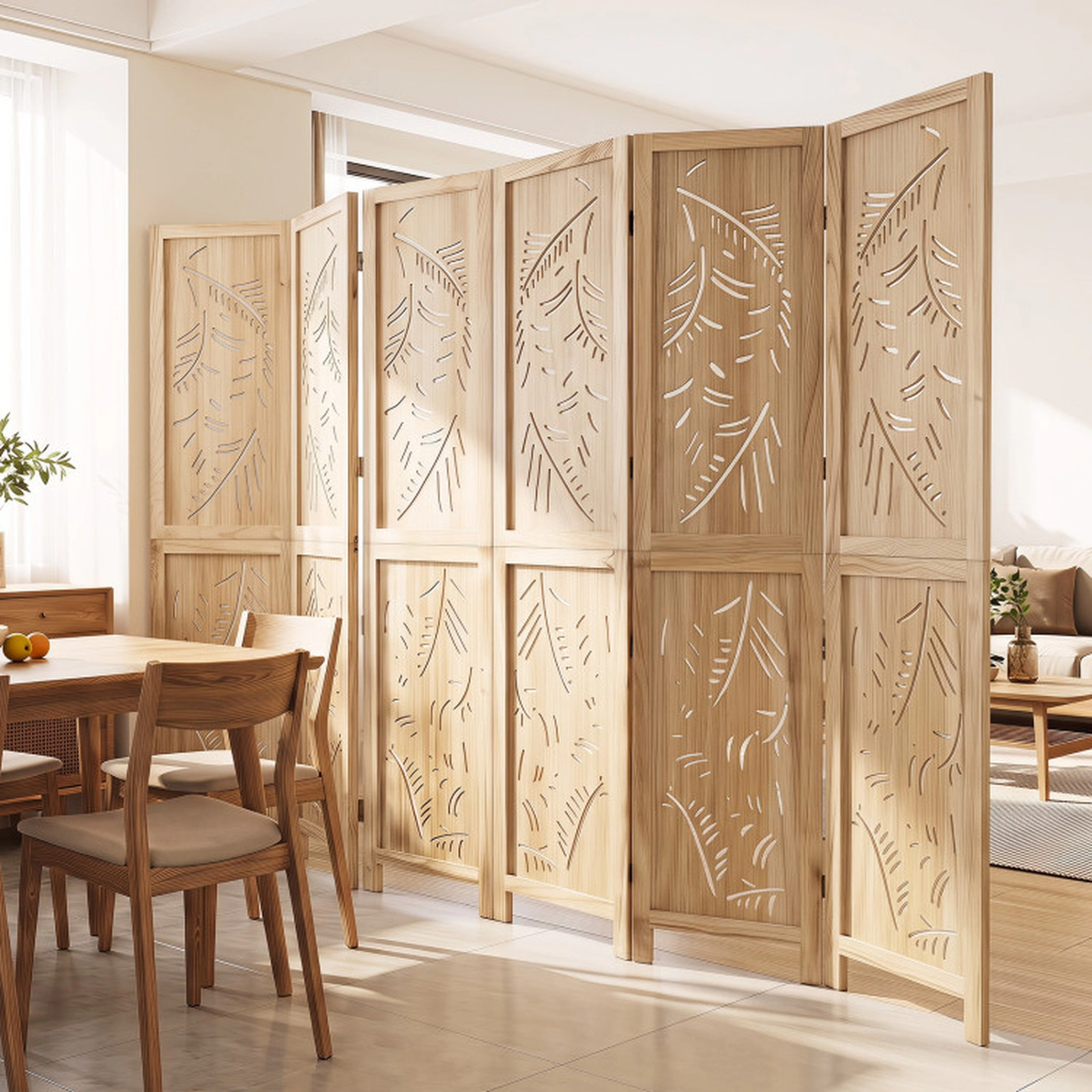 SUGIFT 6-Panel Carved Palm Leaf Wood Room Divider with Paulownia Frame and Raised Legs 95-in W 67-in H Natural