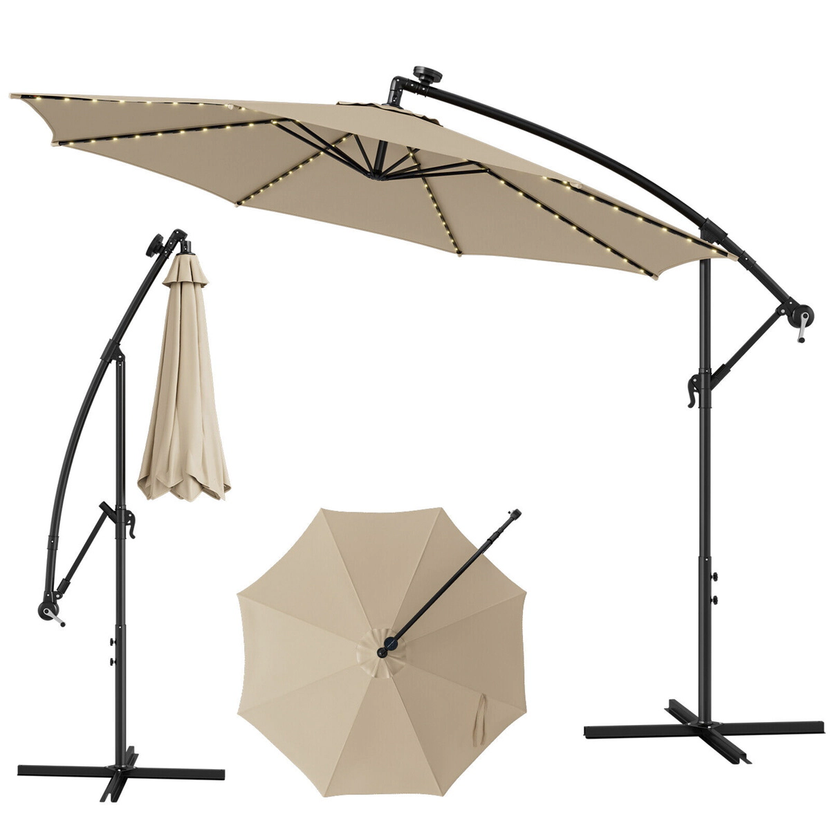 SUGIFT 10-ft Solar-Powered LED Offset Patio Umbrella with 112 Lights 10 x 8-ft Canopy and Crank Tilt Beige