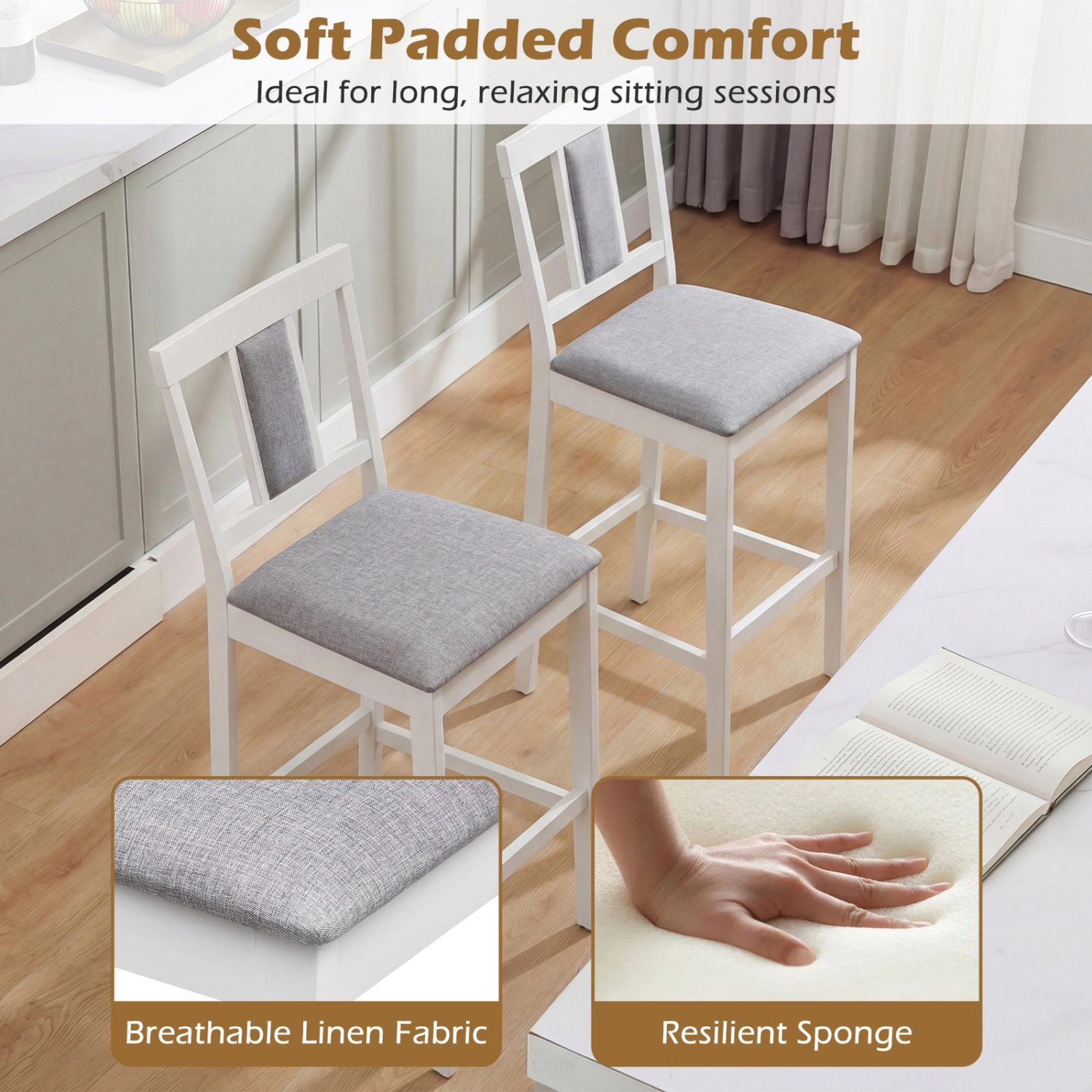 SUGIFT Set of 2 Solid Rubber Wood Frame and Linen Seat 29.5-in Seat H 300-lb Rated Bar Height Stools White