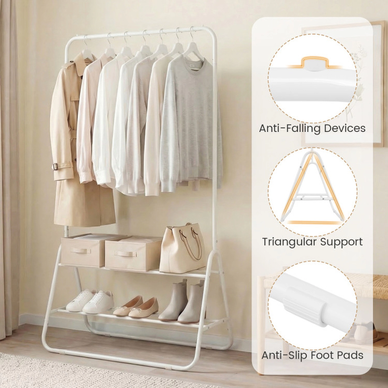 SUGIFT Freestanding 2 Storage Shelves Anti-Fall Metal Garment Rack 32-in x 18.5-in x 59-in 45-lb Capacity White