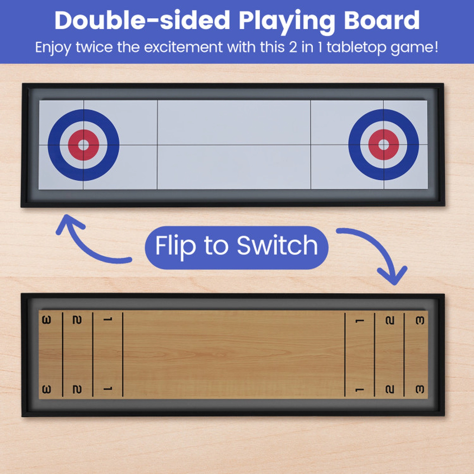 SUGIFT 42.5-in 2-Sided Tabletop Shuffleboard and Curling Board Game with 8 Rolling Pucks and Wooden Frame