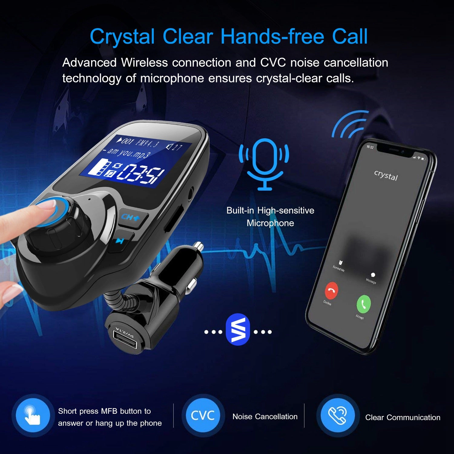GBruno Wireless FM Transmitter With USB Fast Charging
