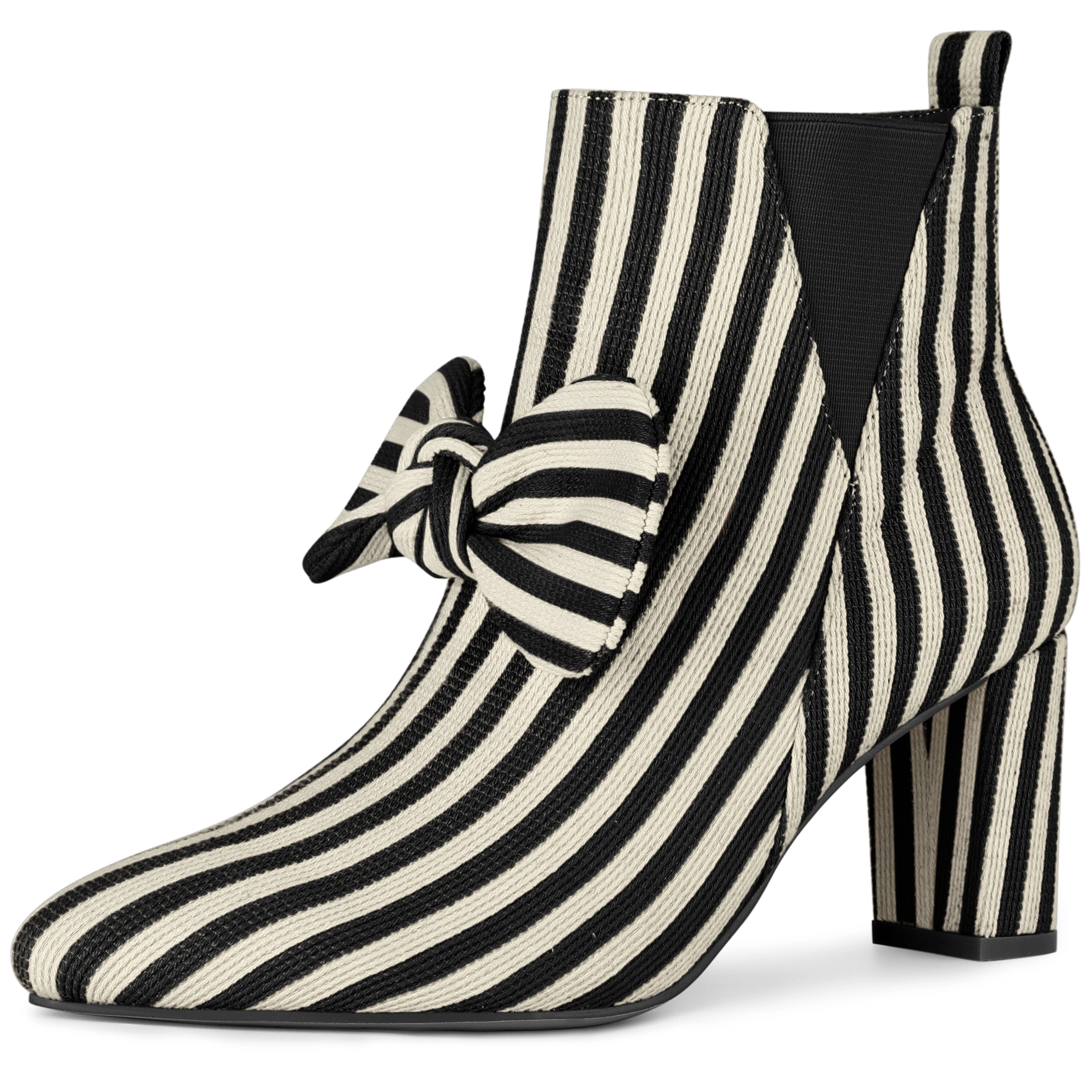 BLISSFUL STEP Women's Pointed Toe Zip Striped Chunky Heels Ankle Boots