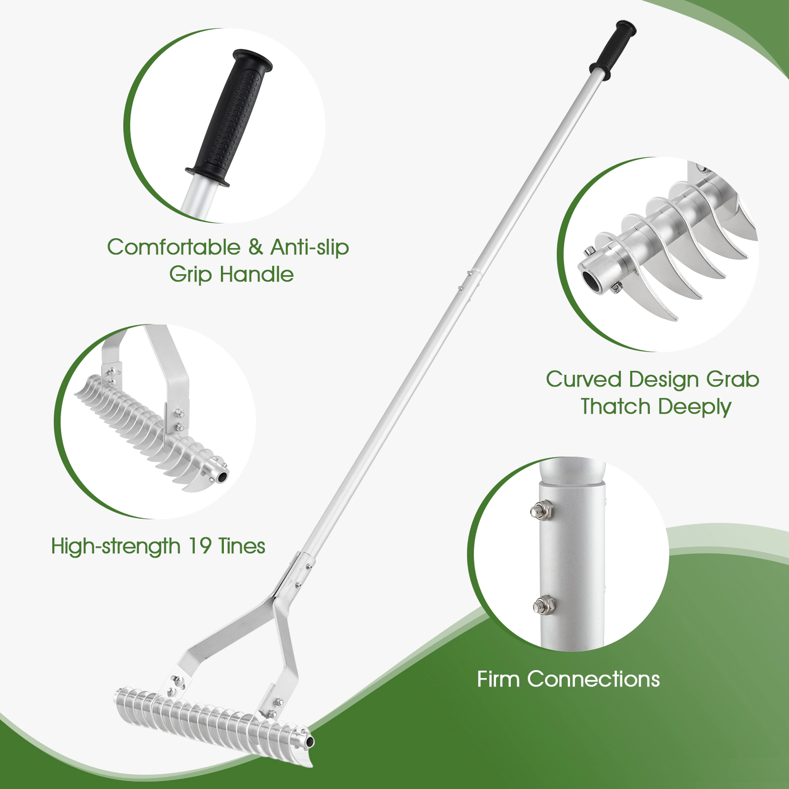 SUGIFT 20 in Aluminum Thatch Rake Silver with 19 Curved Tines and 70 in Handle