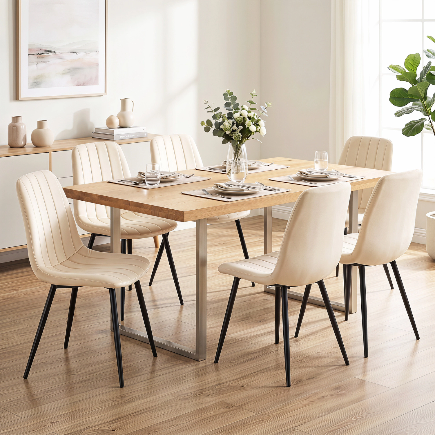 LJG Upholstered Fabric Dining Chairs Set of 4 with Sturdy Metal Legs and Curved Backrest