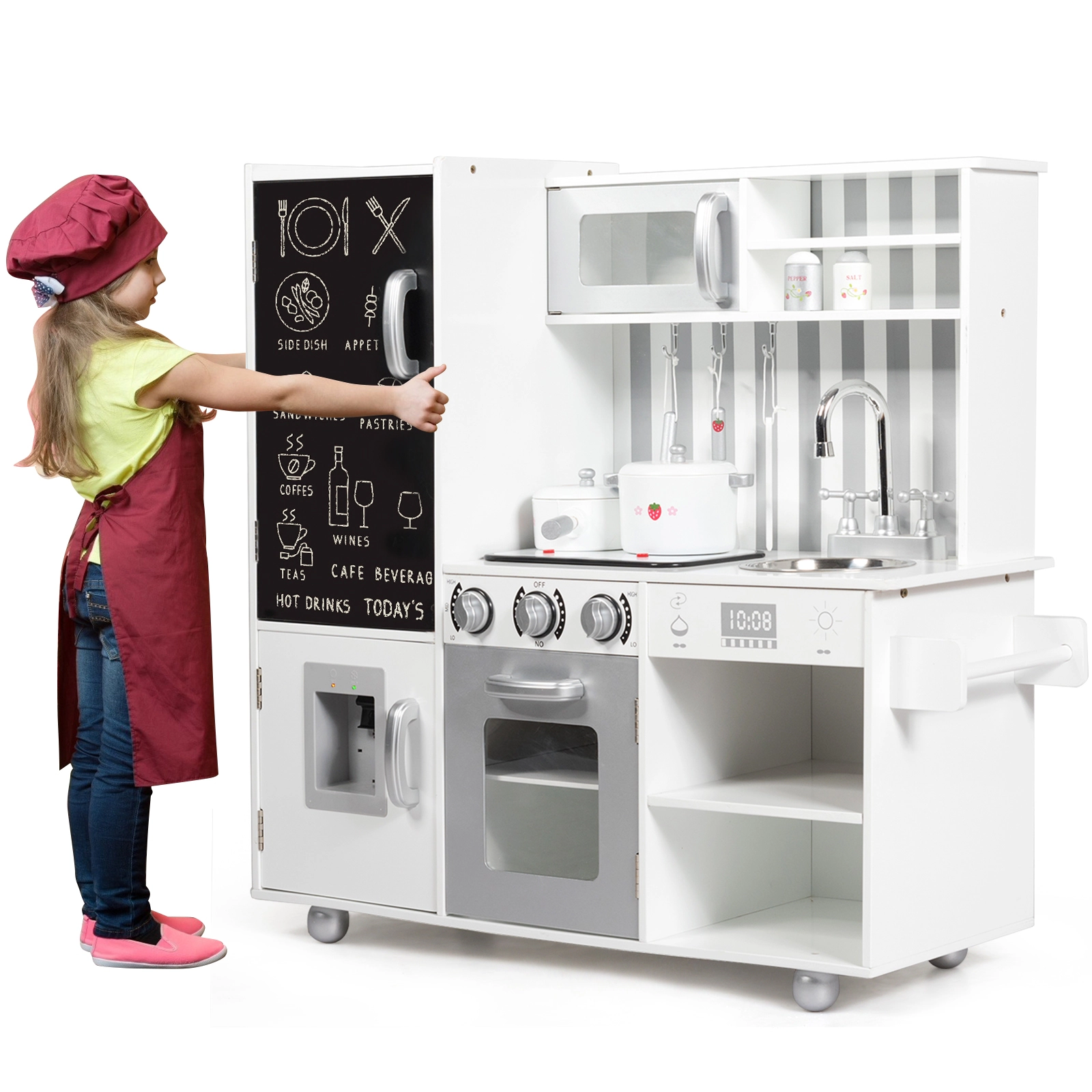 SUGIFT Wooden Pretend Play Kitchen Set with Simulated Sound 32.5-in Tall for Kids Over 3 Years Old White