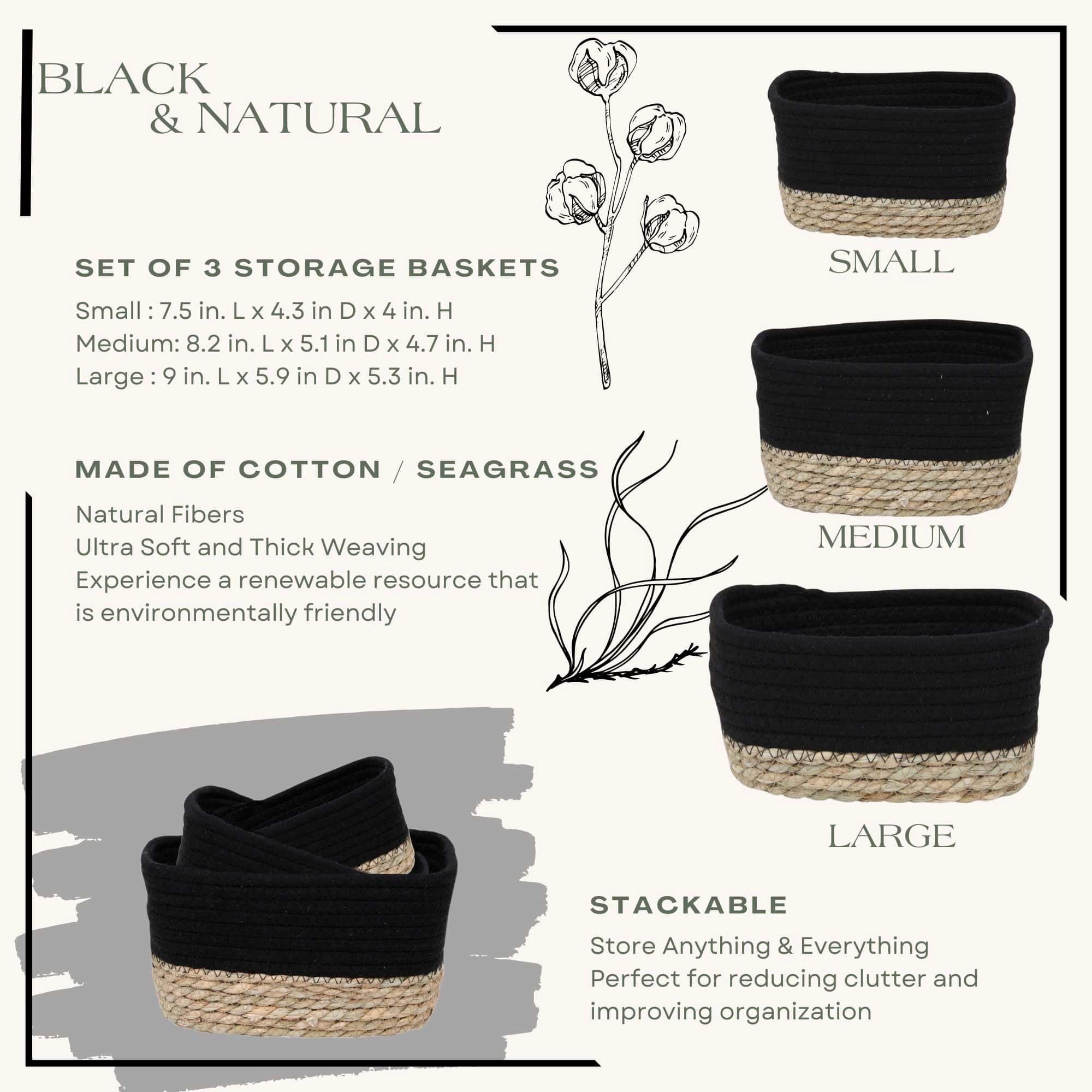 Evideco French Home Goods Set of 3 Stackable Cotton Rope Baskets with Seagrass Base