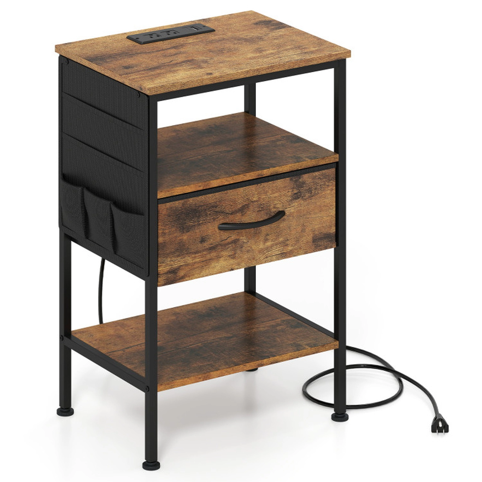 SUGIFT 24.5-in Rustic Brown Metal Nightstand with Charging Station, Fabric Drawer and Side Pocket