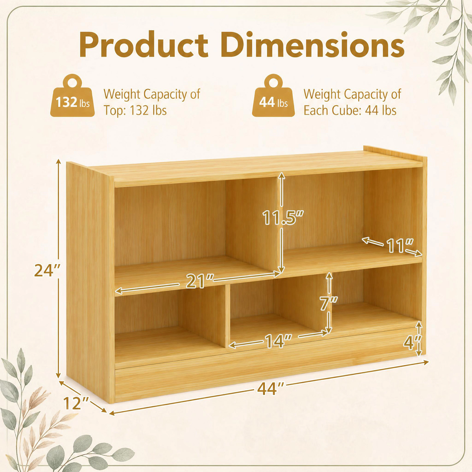 Costway Kids 2-Shelf Bookcase 5-Cube Wood Toy Storage Cabinet Organizer