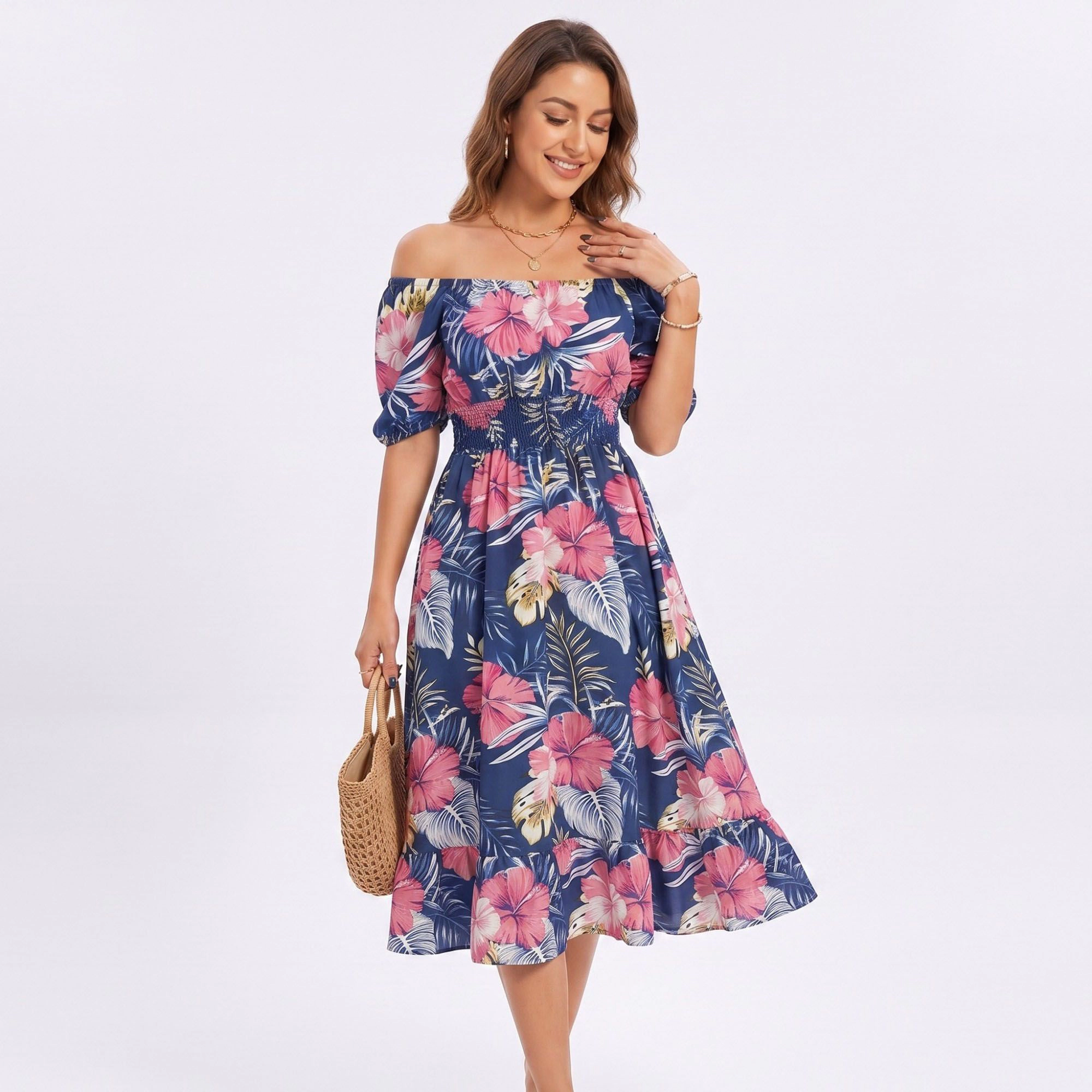 Anna-Kaci Women's Tropical Floral Square Neck Smocked Waist Midi Dress