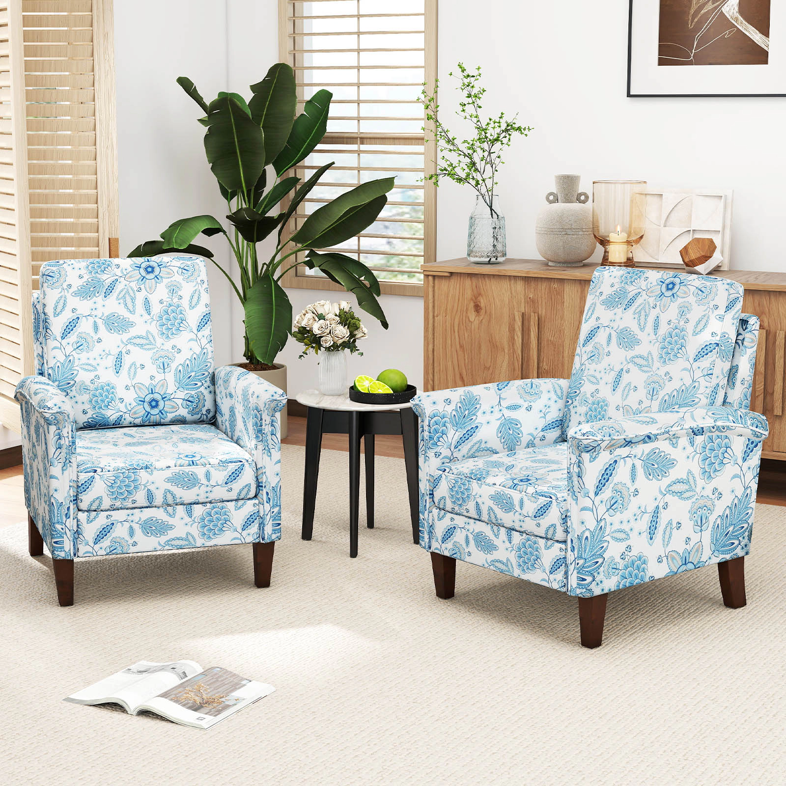 SUGIFT Floral Linen Accent Armchair with Solid Wood Frame 400-lb Capacity High Back 32-in Tall with 4-in Seat Cushion