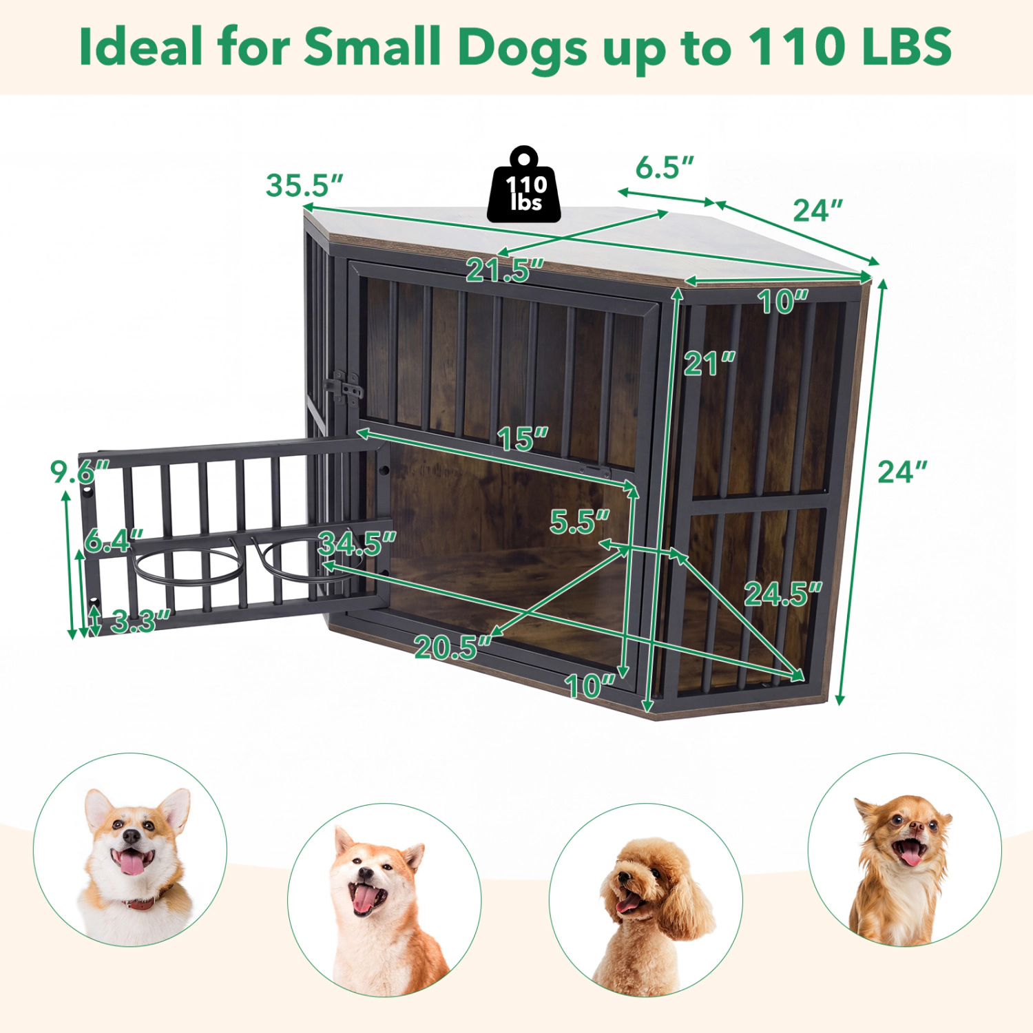 SUGIFT 35.5 in Dog Kennel End Table Rustic Brown with 3-Position Dog Bowl Rack and Corner Shape