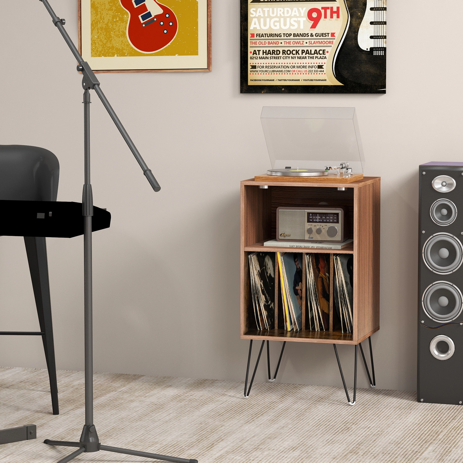 SUGIFT 3-Tier Record Player Stand with Charging Station Accent Table 110-lb Top Capacity Rustic Brown