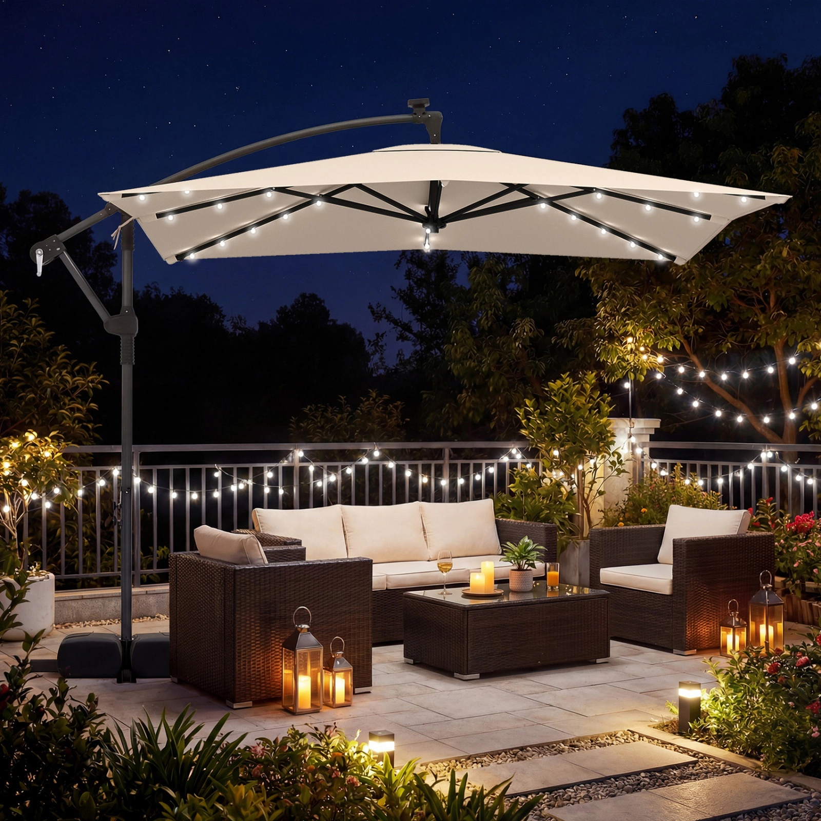SUGIFT 8-ft Beige Square Solar Offset Cantilever Patio Umbrella with 7-ft Clearance Crank Lift and Cross Base