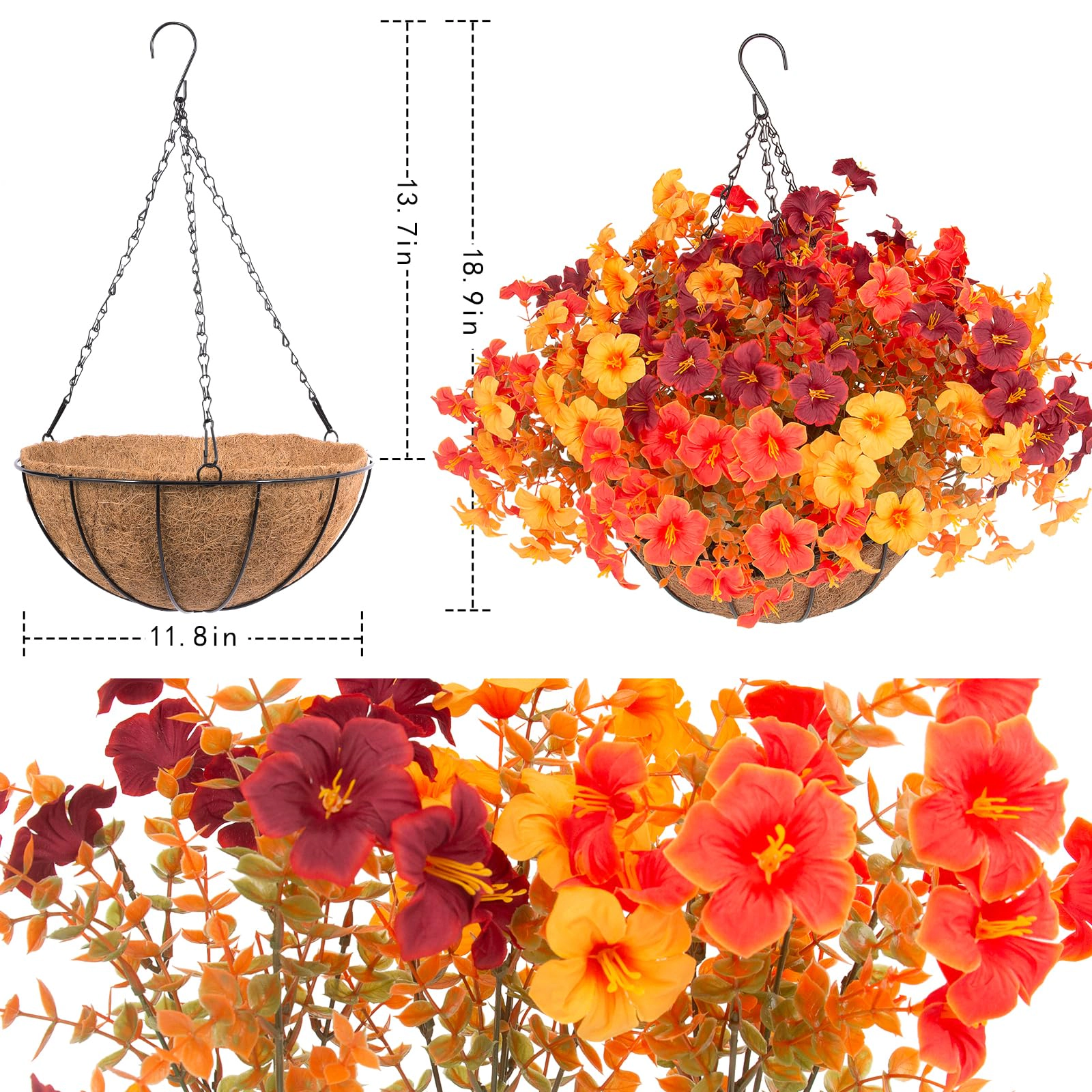 PUPWE 2 Set Artificial Outdoor Fall Flowers With Hanging Baskets  24 Faux Petunias Planter For Outside Porch Yard Garden