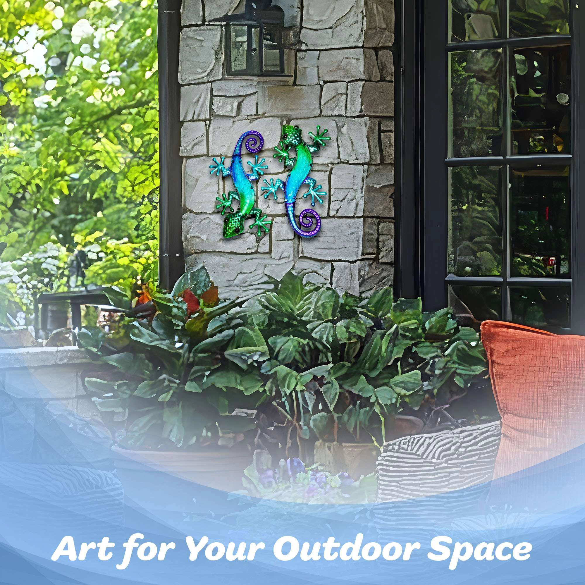 G128 Green Blue Metal Gecko Wall Art Set of 2
